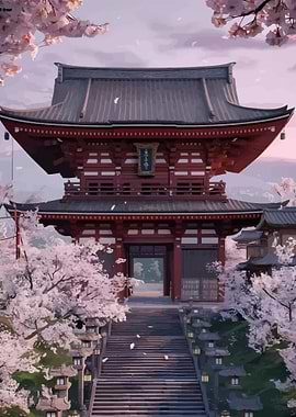 Japanese Temple Gate with Cherry Blossoms