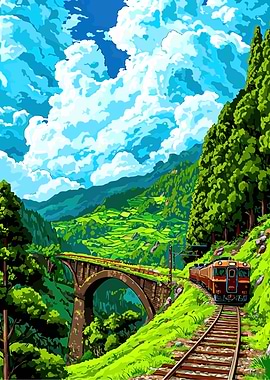 Train crossing a bridge in a lush valley
