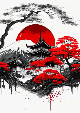 Japanese Pagoda with Mount Fuji and Red Trees