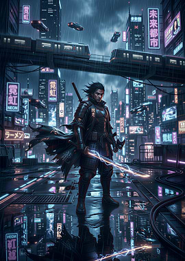 Cyberpunk Samurai in Neon City
