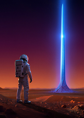 Astronaut Observing Neon Space Spire