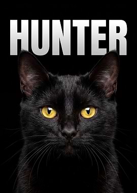 Black Cat with Yellow Eyes and 'Hunter' Text
