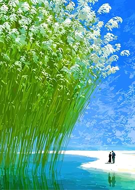 Couple on a beach with tall grass
