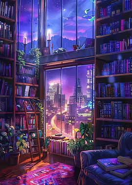 Cozy library overlooking a city at night