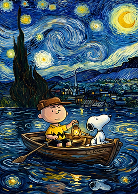 Charlie Brown and Snoopy in Starry Night