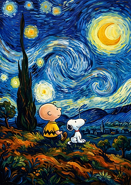 Charlie Brown and Snoopy in Starry Night