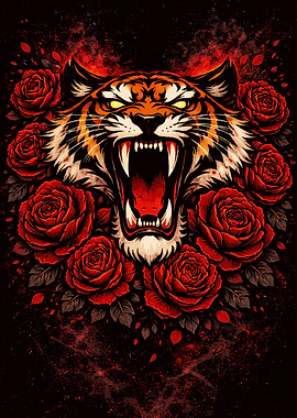 Roaring Tiger Surrounded by Roses