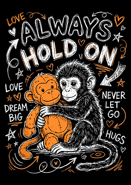 Monkey Hug Poster, Cute Plush Toy Art, Heartwarming Black White Illustration Wall Print