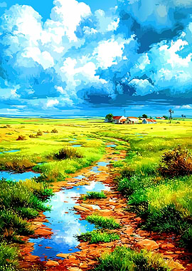 Anime Farm Landscape with Clouds