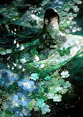 Anime Girl in Kimono with Butterflies and Flowers