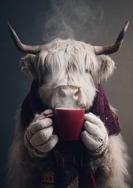 Highland Cow with Hot Drink