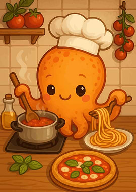 Cute Octopus Chef Cooking Italian Food