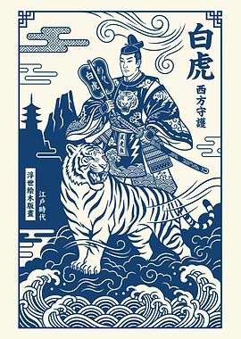 Byakko Japanese Wall Art | White Tiger Ukiyo-e Samurai