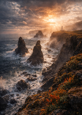 Dramatic Lighthouse Sunset Over Rocky Coastline