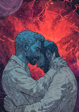 Two men embracing in space