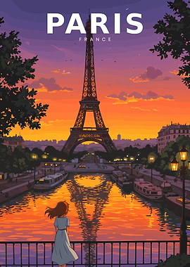 Paris Eiffel Tower Sunset Anime Poster