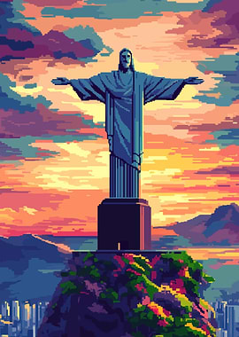 Pixel Art Christ the Redeemer at Sunset