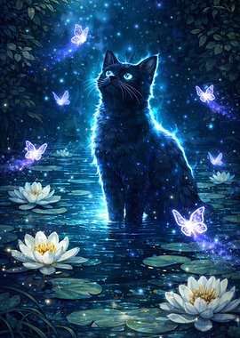 Magical Black Cat in a Lotus Pond