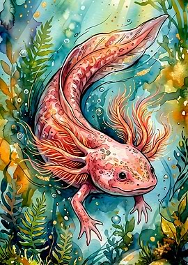 Watercolor Axolotl in Aquatic Plants