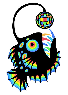 Surreal Astronaut Poster, Colorful Rain Sci Fi Wall Art, Disco Anglerfish Abstract Print