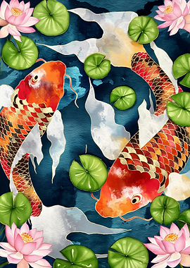 Koi Fish in Serene Lotus Pond