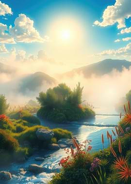 Misty Mountain River Landscape