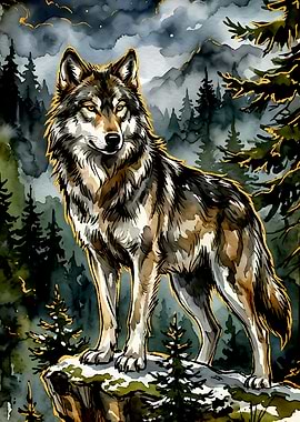 Wolf in a Snowy Forest