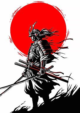 Samurai Warrior with Swords and Red Sun