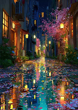 Rainy Night Alley with Cherry Blossoms