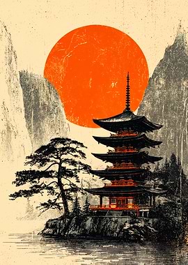 Japanese Pagoda Red Sun Landscape