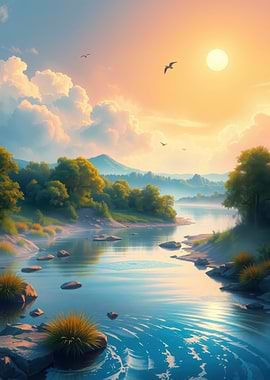 Serene River Landscape at Sunrise