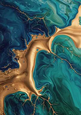 Abstract Teal and Gold Fluid Art
