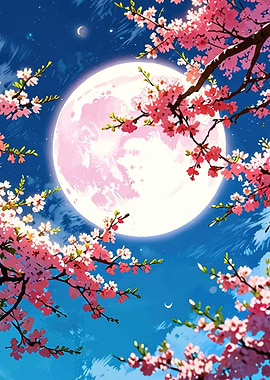 Cherry Blossoms Under a Pink Moon