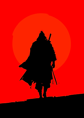 Samurai Silhouette Against Red Sun