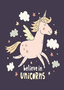 Cute Unicorn with Wings and Clouds