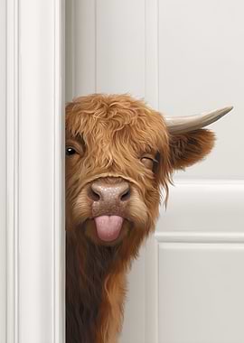 Highland Cow Peeking and Sticking Tongue Out
