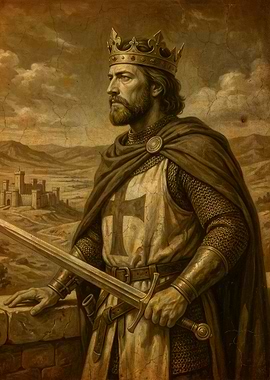 Medieval Knight King with Sword and Castle