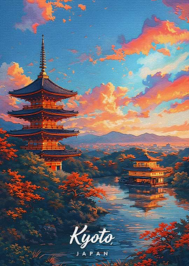 Kyoto Pagoda and Golden Pavilion at Sunset