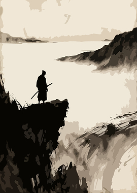 Samurai overlooking a misty landscape
