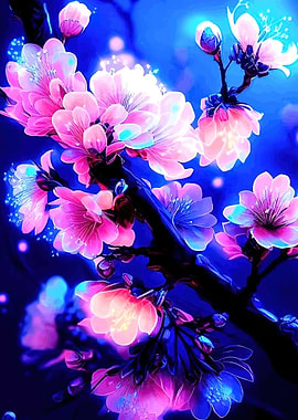 Glowing Cherry Blossoms on Dark Branch