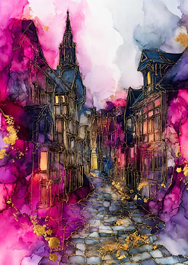 Abstract Watercolor Old Town Street