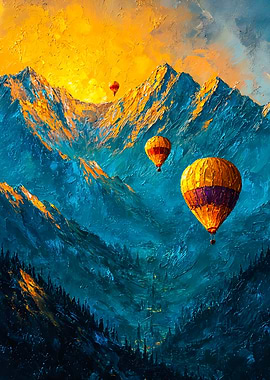 Hot Air Balloons Over Mountains