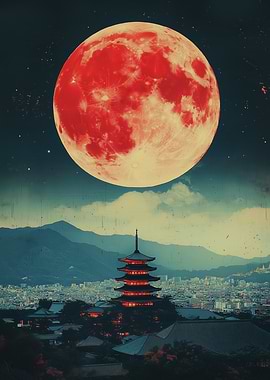 Red Moon Over Japanese Pagoda