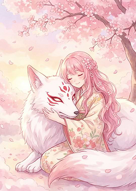 Girl Hugging a White Fox Under Cherry Blossoms