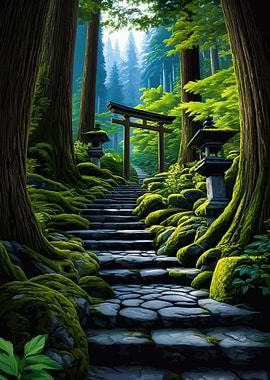Serene Japanese Forest Path with Torii Gate