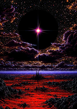 Cosmic Cityscape with Star and Black Hole