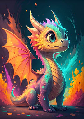 Cute Baby Dragon with Colorful Wings