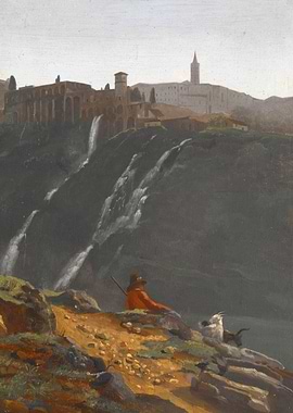 Man and dog overlooking waterfalls and ancient city