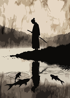 Samurai by the Water with Koi Fish Vintage