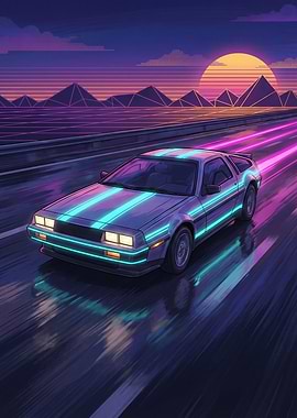 Retro DeLorean on a Neon Highway